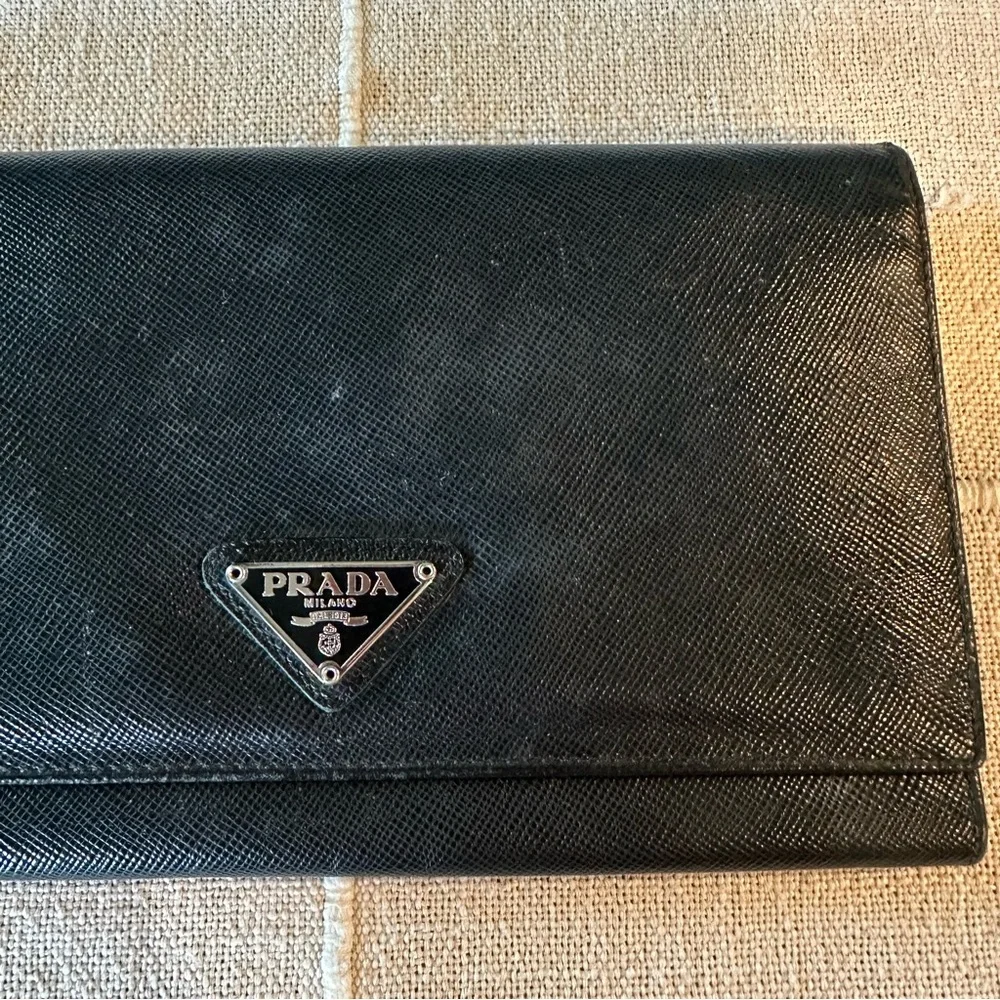 Prada | Portafoglio Portamon Saffiano Leather Nero Long Snap Button Wallet - Picture 4 of 16
